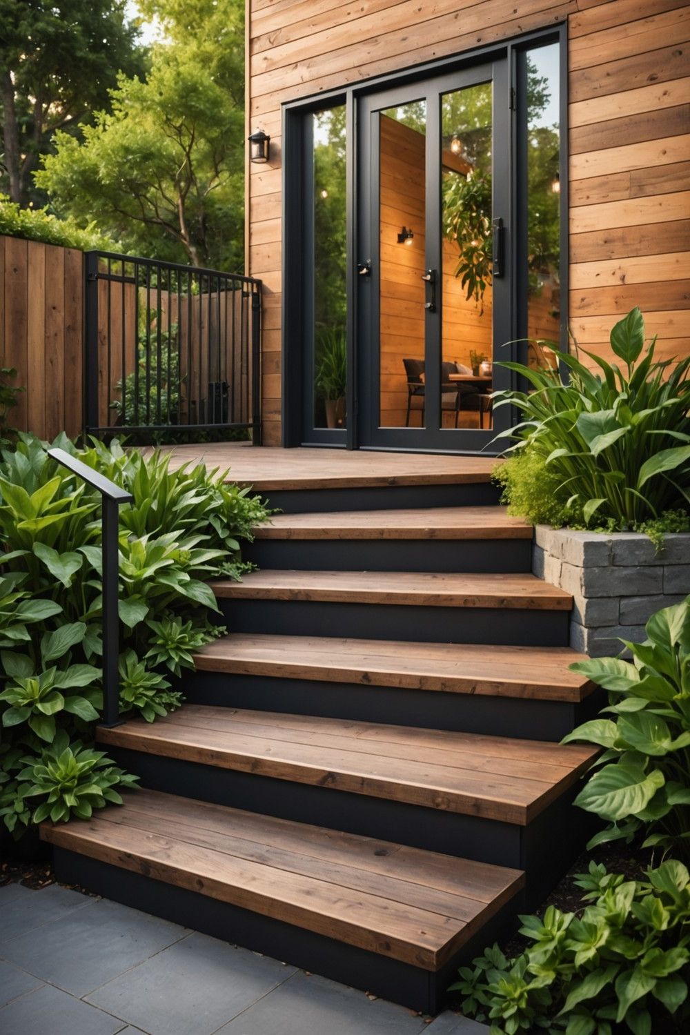 Reclaimed Wood Steps with Modern Railings