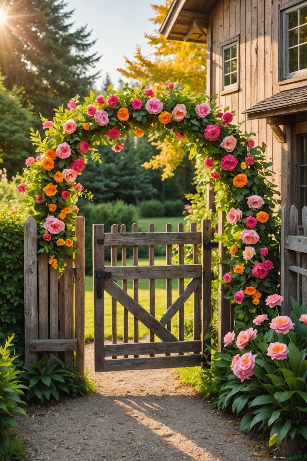 Whimsical Wooden Gate with Floral Wreaths