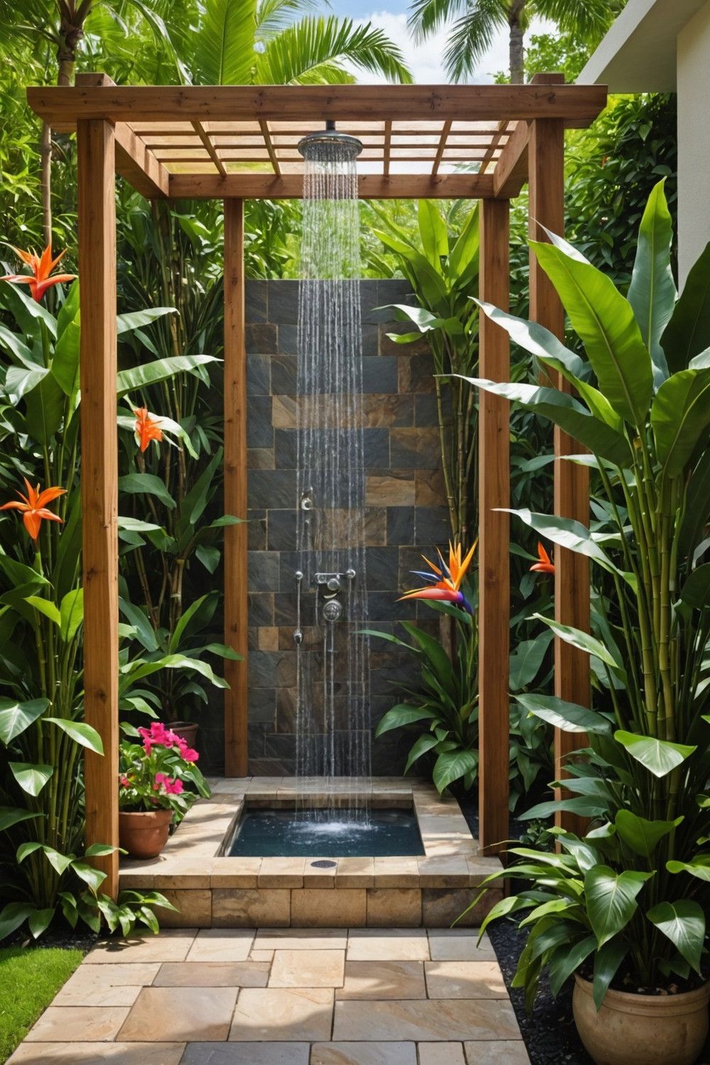 Poolside Outdoor Shower with Tropical Plants