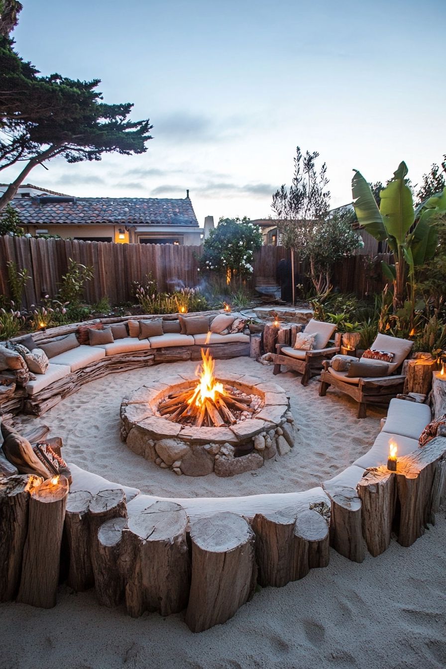 driftwood seating and sandy lounge area