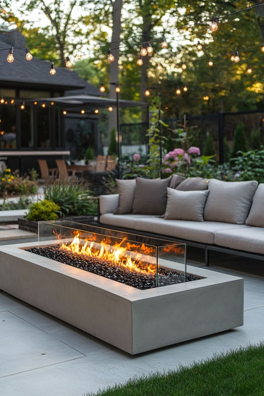 sleek fire table and cozy lounge seating