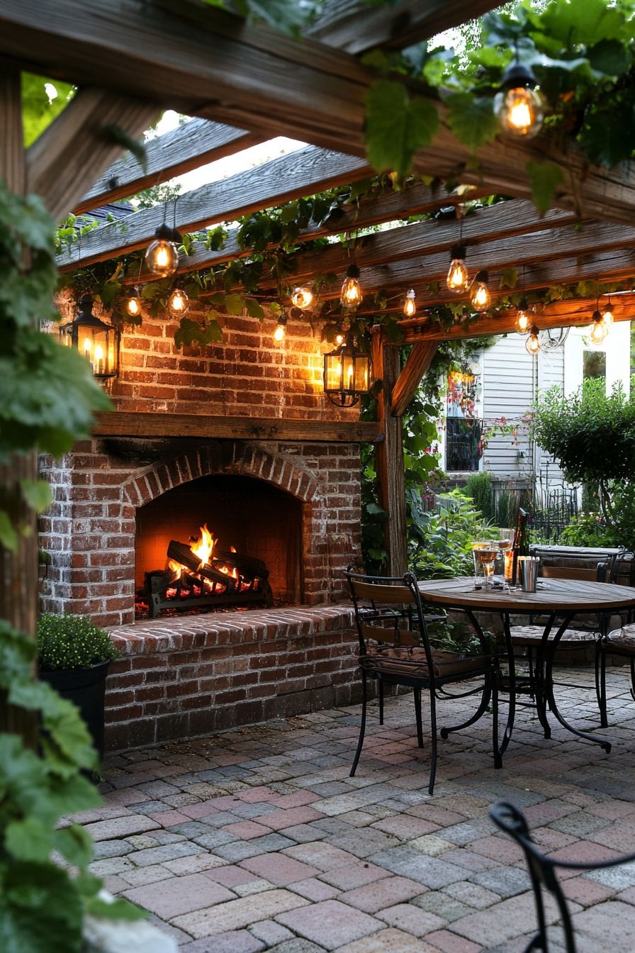 Brick outdoor fireplace under pergola