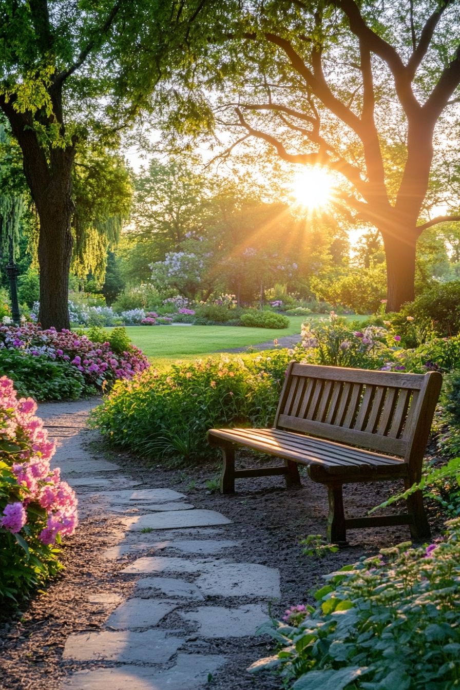 blooming flowers and stone path