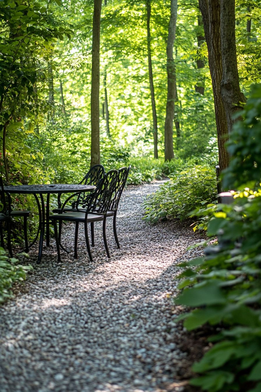 wrought iron seating in a woodland garden