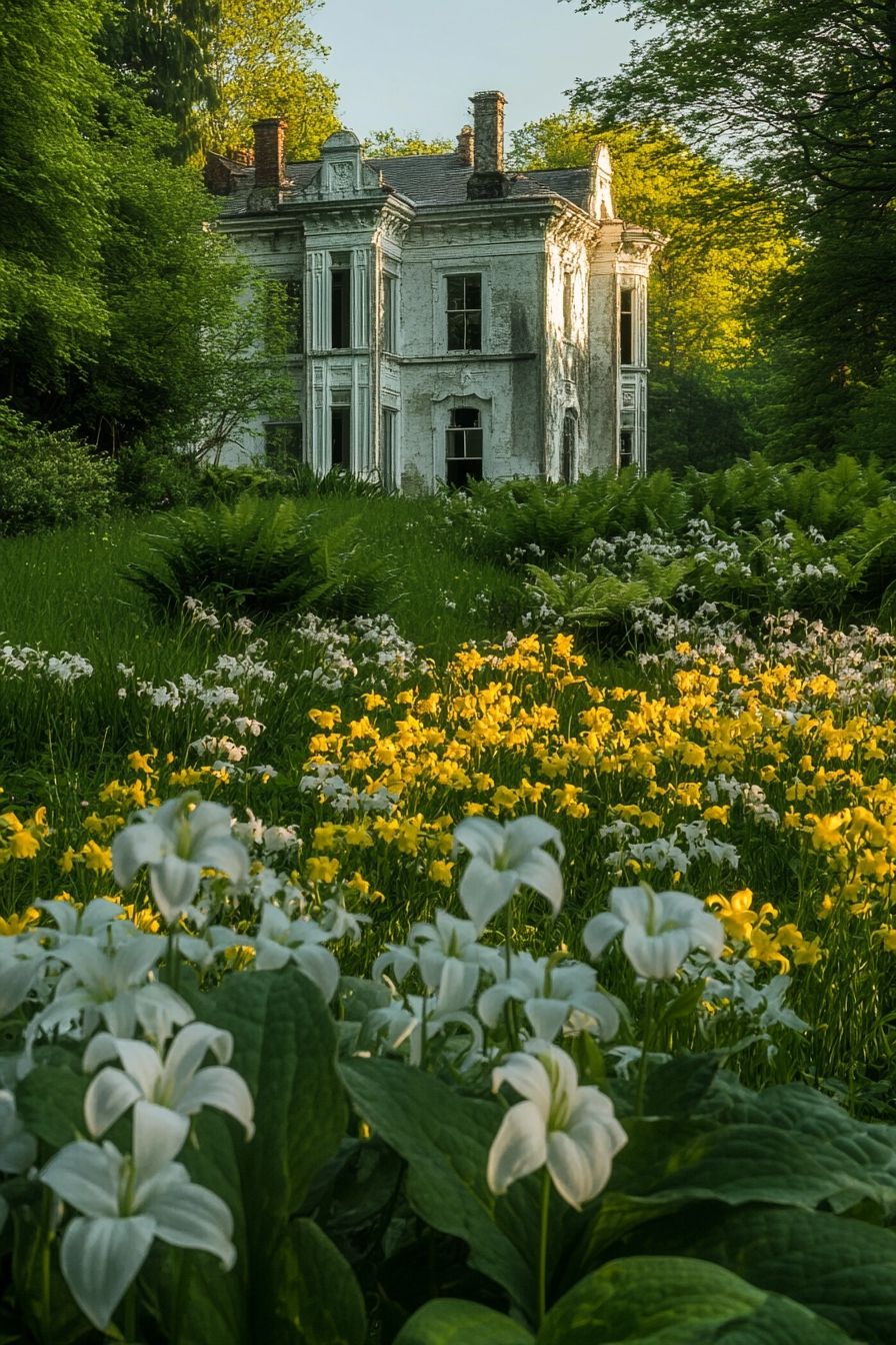Wildflower-filled woodland garden