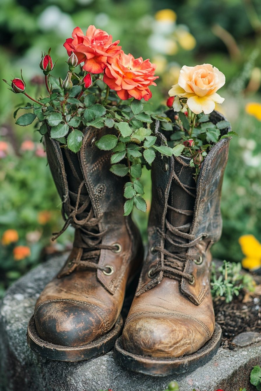 15. Give Worn-Out Boots a Second Life as Rustic Flower Planters