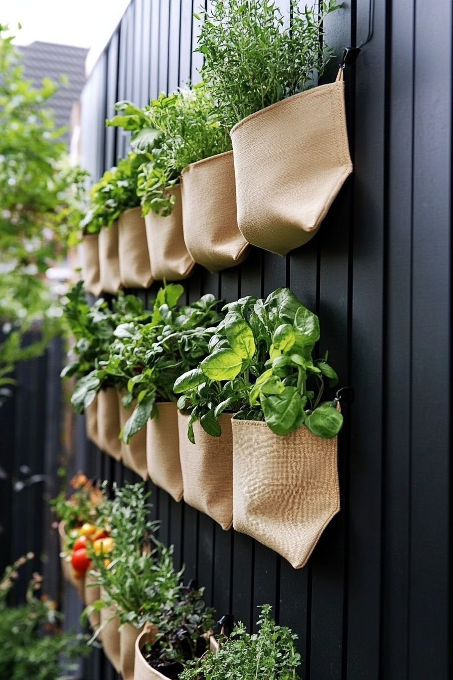 16. Convert Fabric Pockets into a Space-Saving Vertical Herb Garden