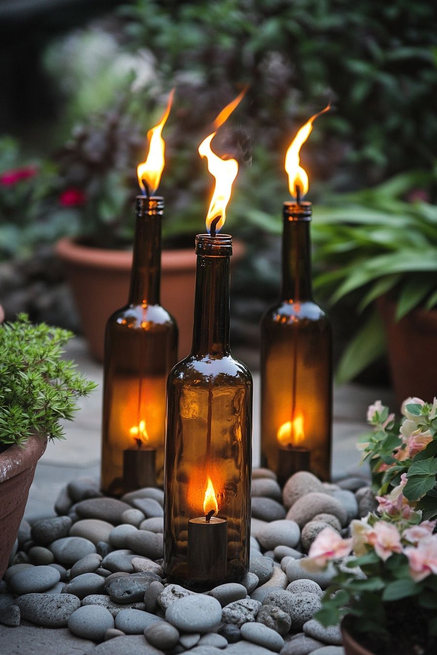 1. Repurpose Wine Bottles into DIY Garden Torches for Ambient Lighting