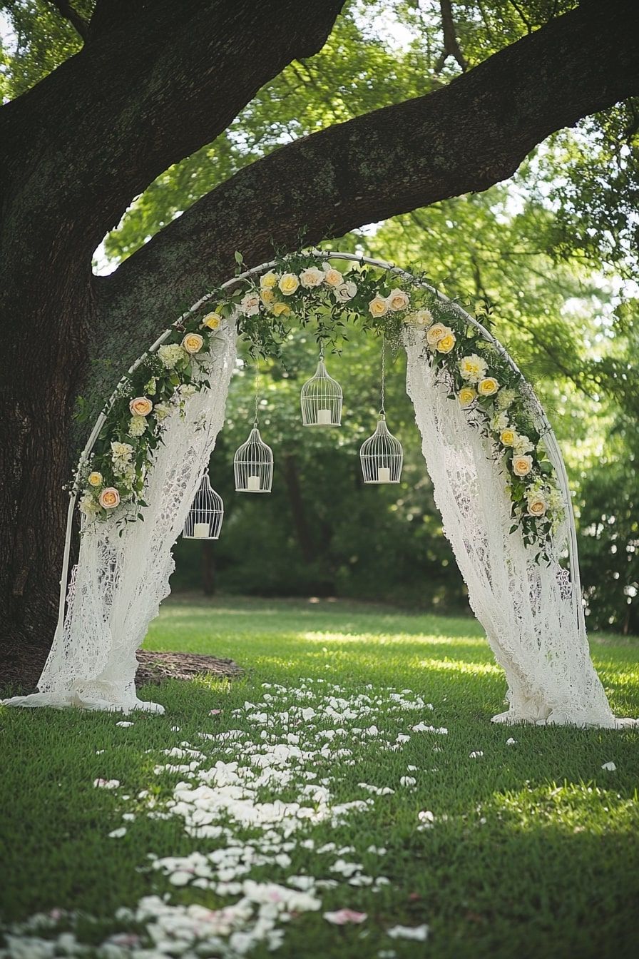 Design a Whimsical Arch with Lace and Birdcage Lanterns
