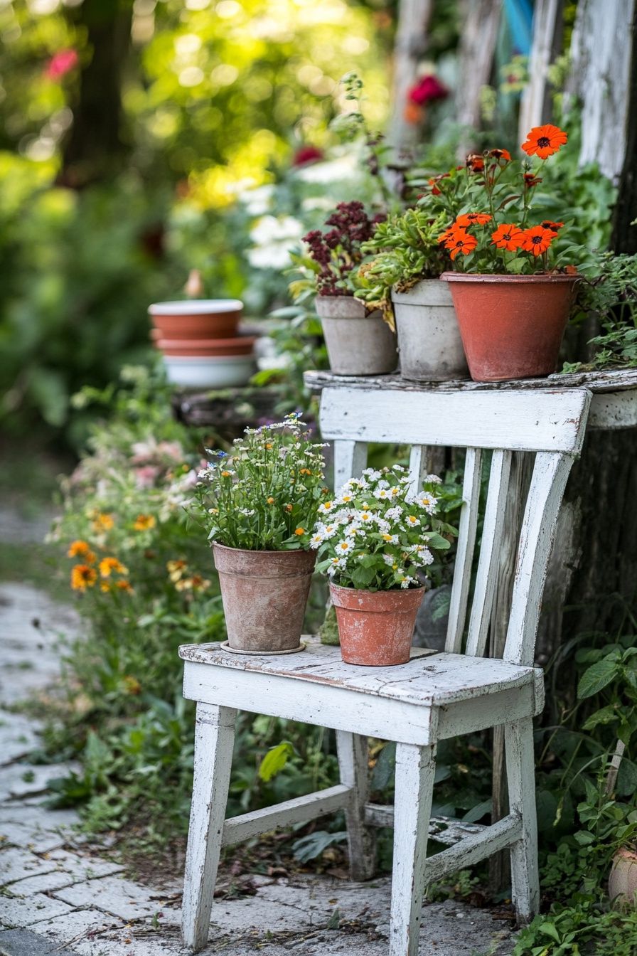 11. Turn an Old Wooden Chair into a Rustic Garden Planter Display
