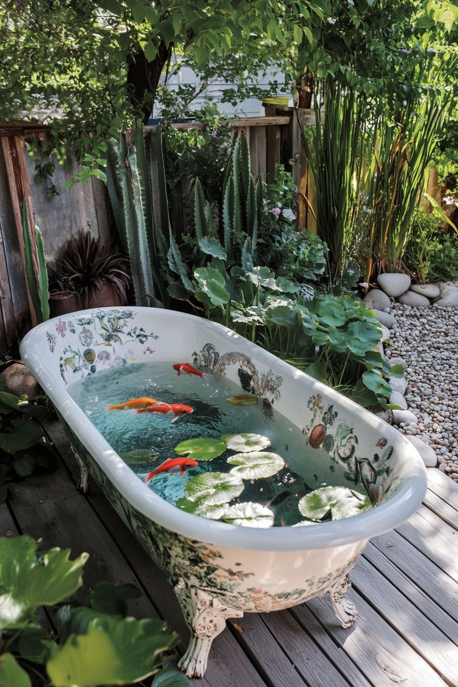 7. Transform a Vintage Bathtub into a Stunning Backyard Koi Pond
