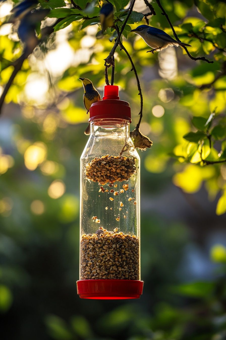 13. Convert a Plastic Bottle into a DIY Hanging Bird Feeder