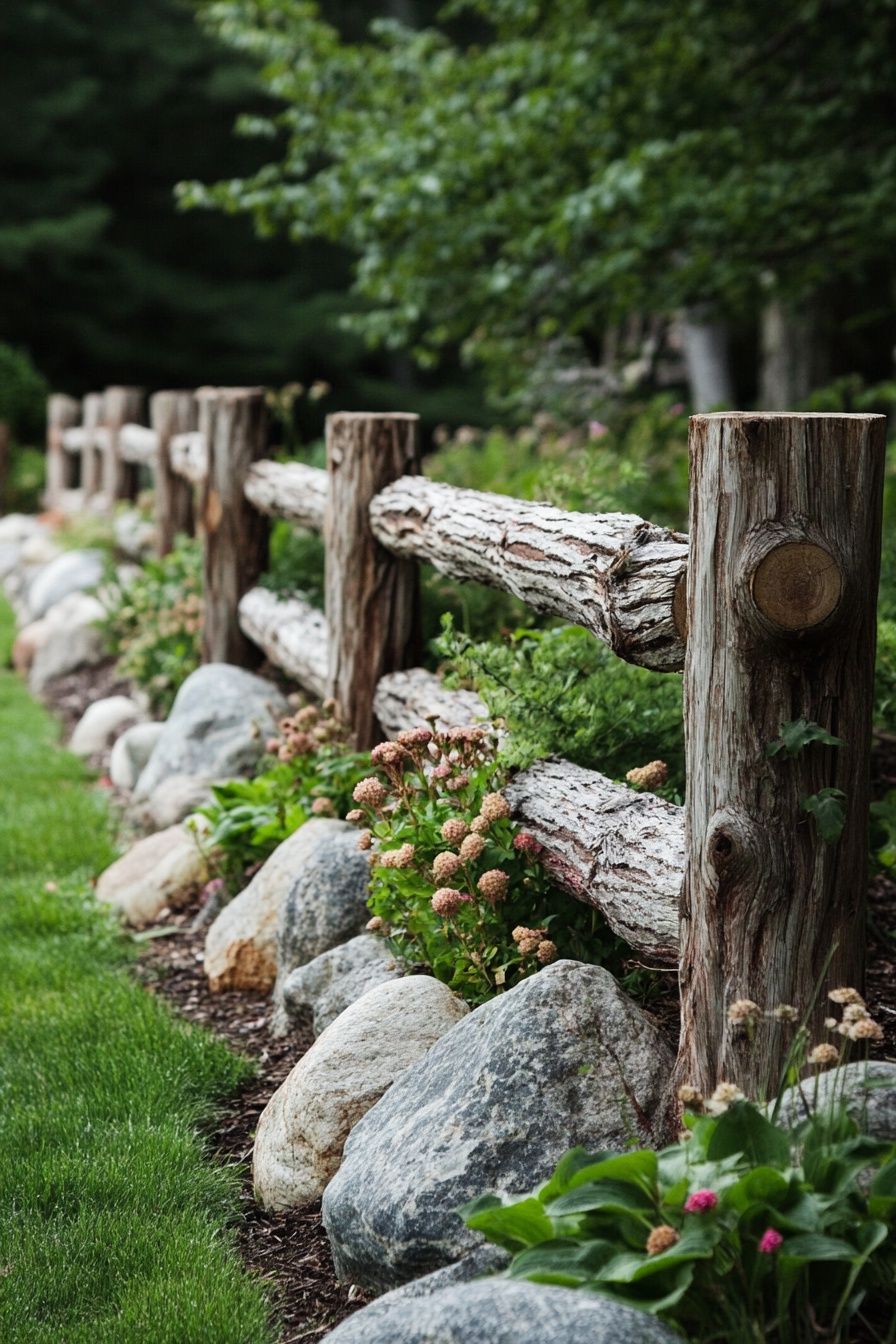 Define Your Garden with a Rustic Log and Stone Border