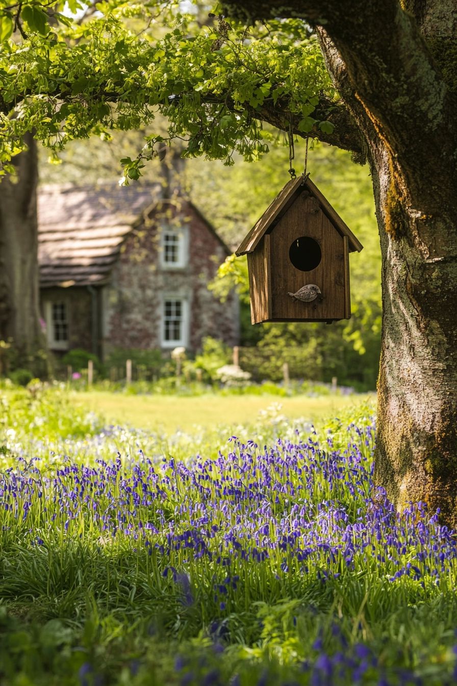hanging birdhouse and blooming bluebells