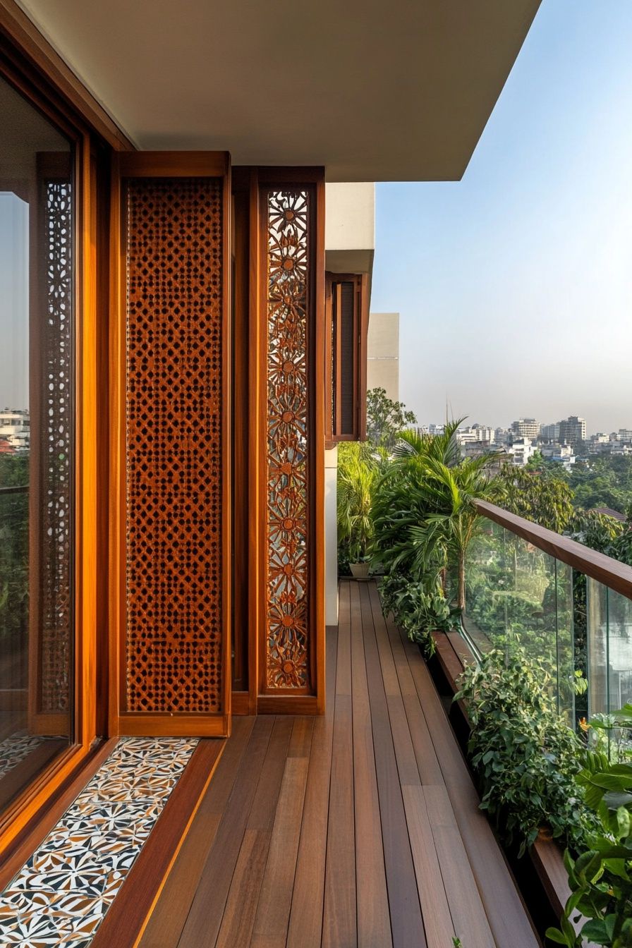 Narrow Balcony with Wooden Accents and Lush Greenery
