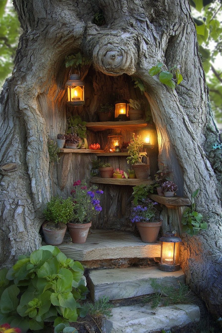 glowing lanterns and potted blooms