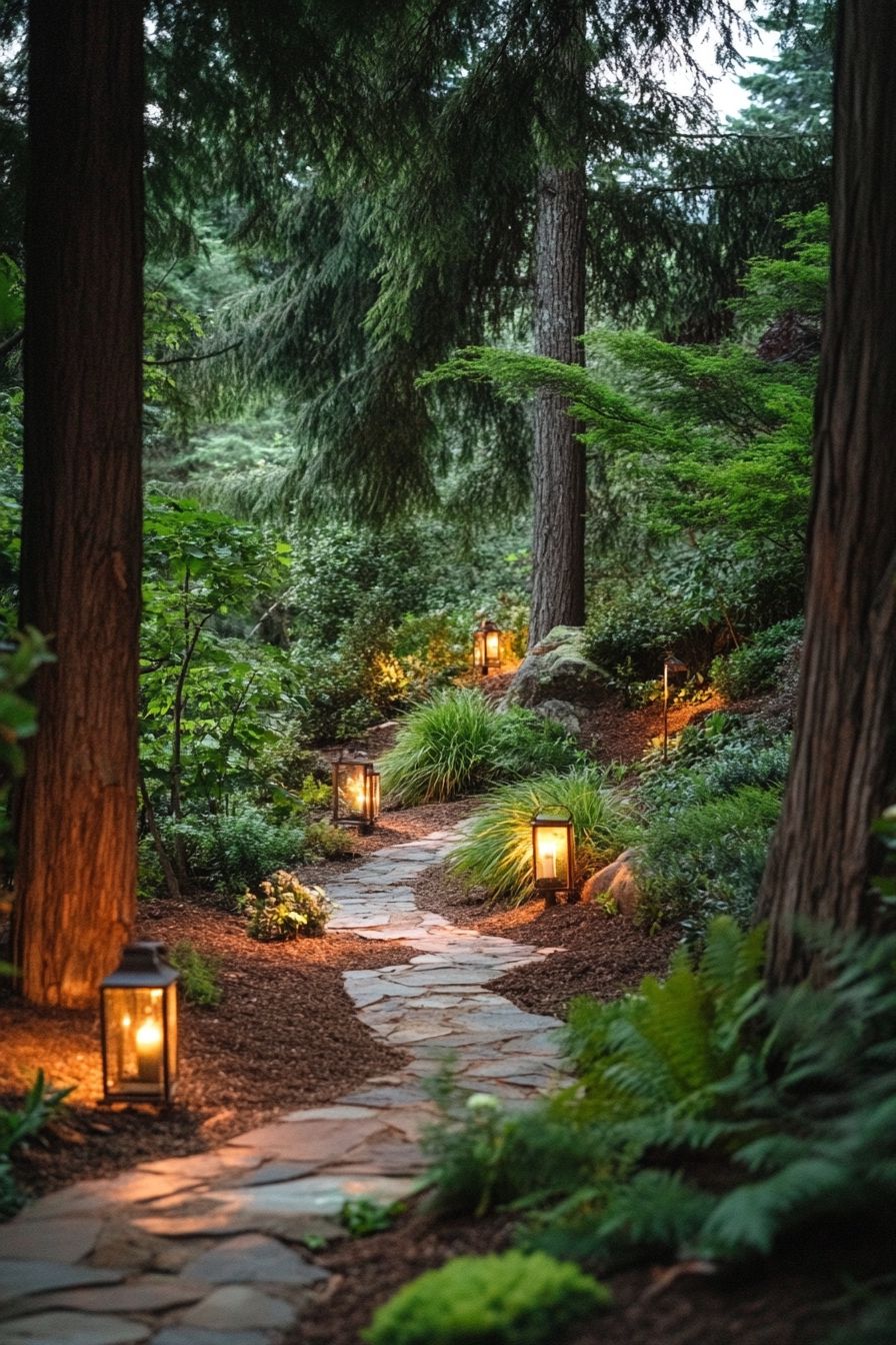 softly lit woodland garden