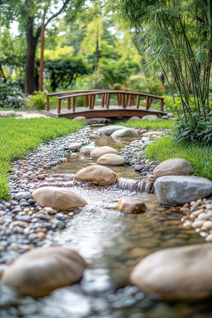 Peaceful woodland garden stream with