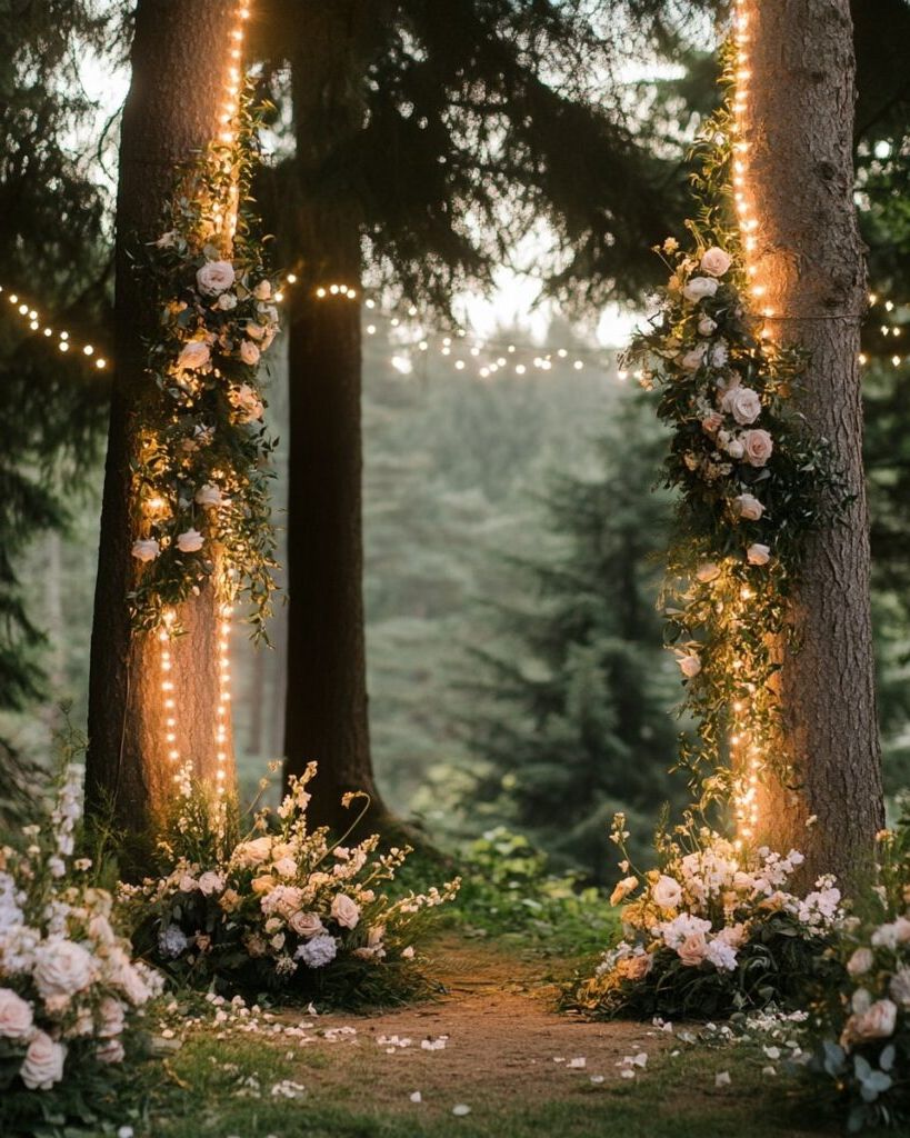glowing lights and romantic floral arrangements