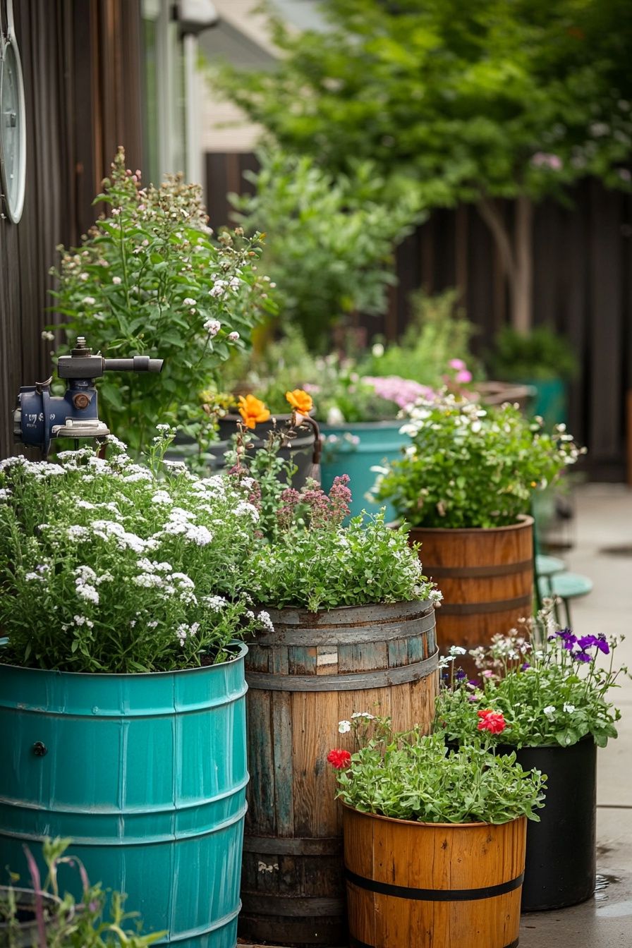 10. Decor Old Barrels and Drums into Rustic Garden Planters