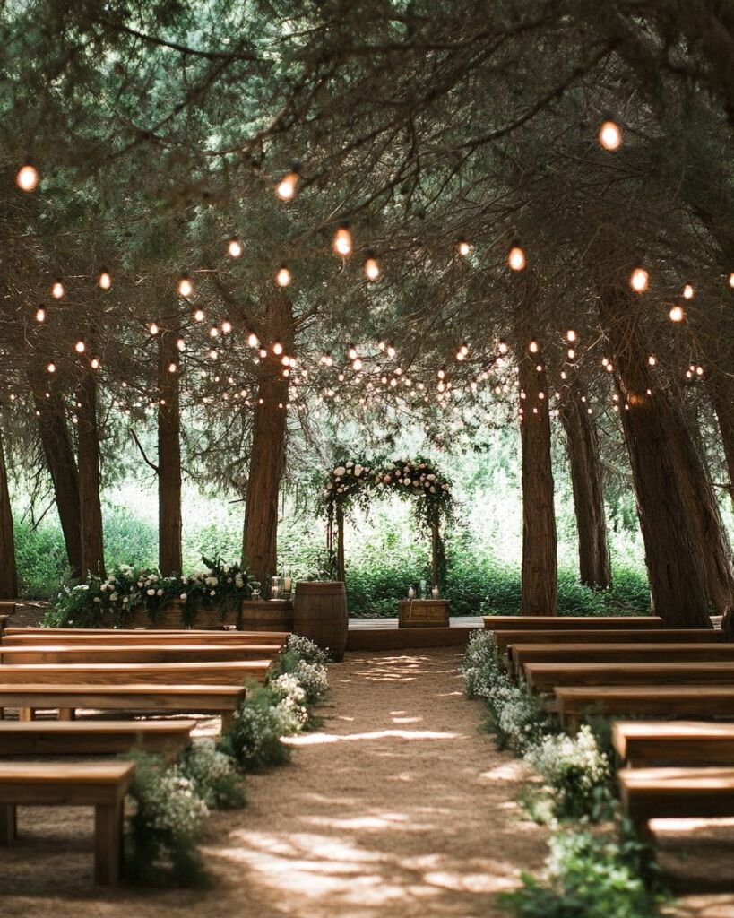 string lights and rustic wooden seating