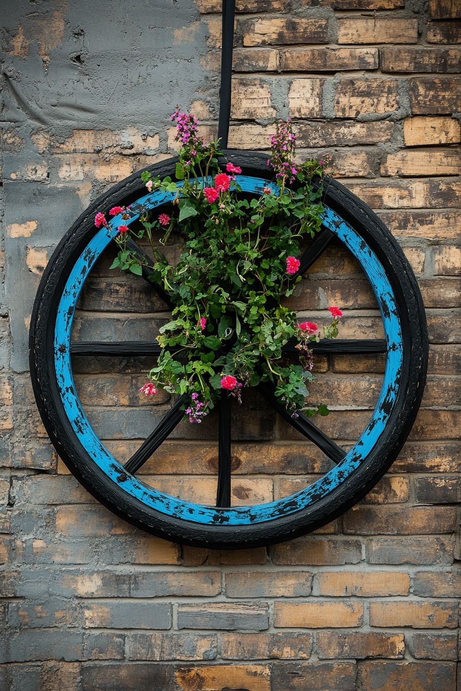 12. Upcycle an Old Wagon Wheel into a Vertical Garden Accent