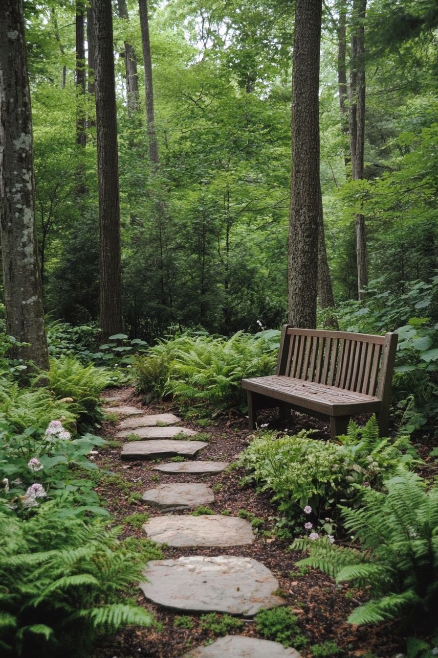 Peaceful stone path with garden bench