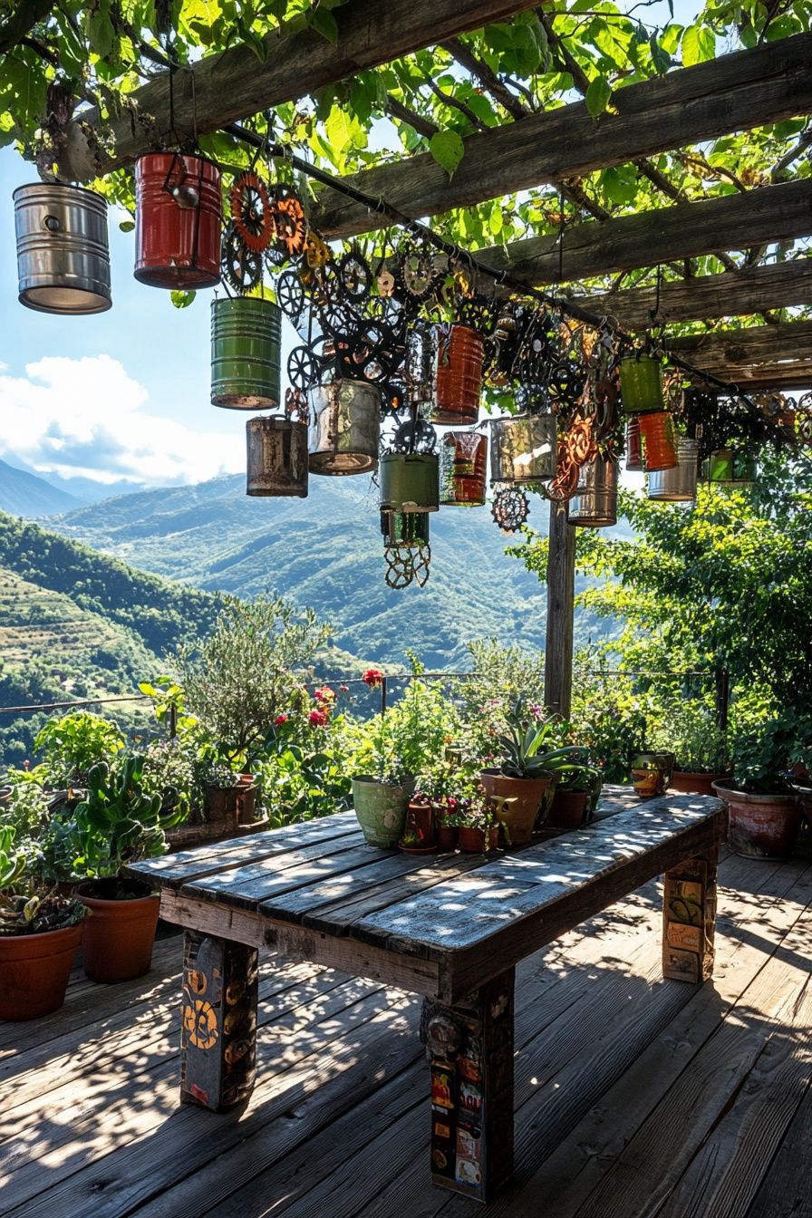 14. Transform Tin Cans and Scrap Metal into a Whimsical Pergola Decoration
