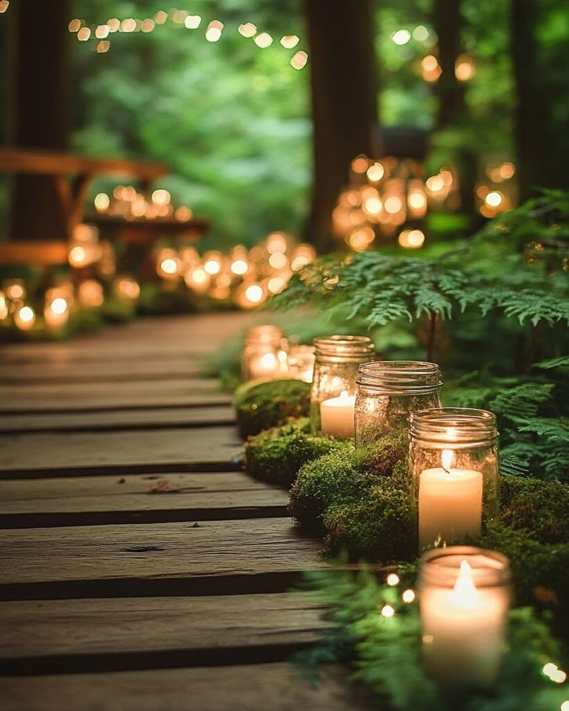 Magical candlelit forest pathway