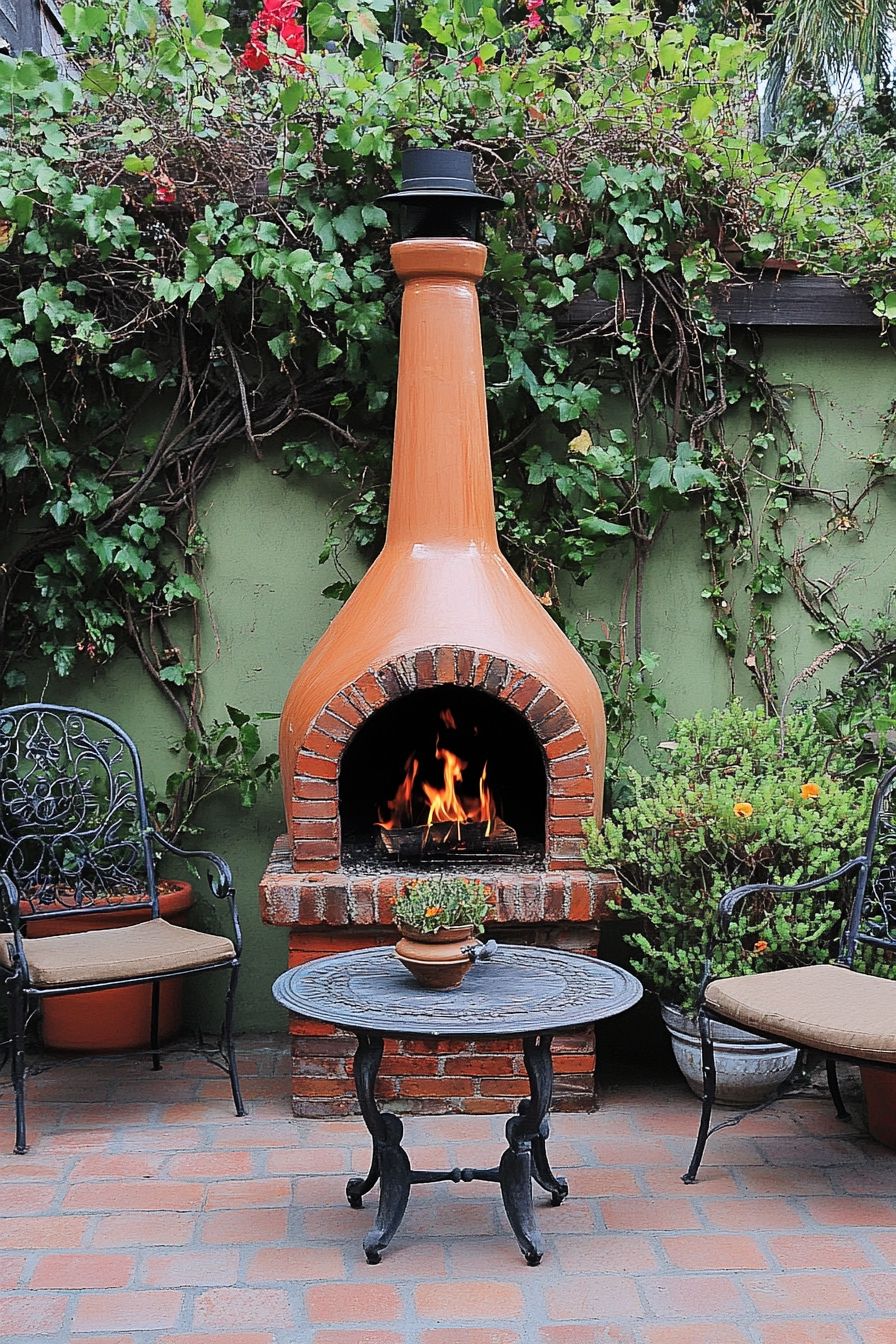 Terracotta chiminea-style outdoor fireplace