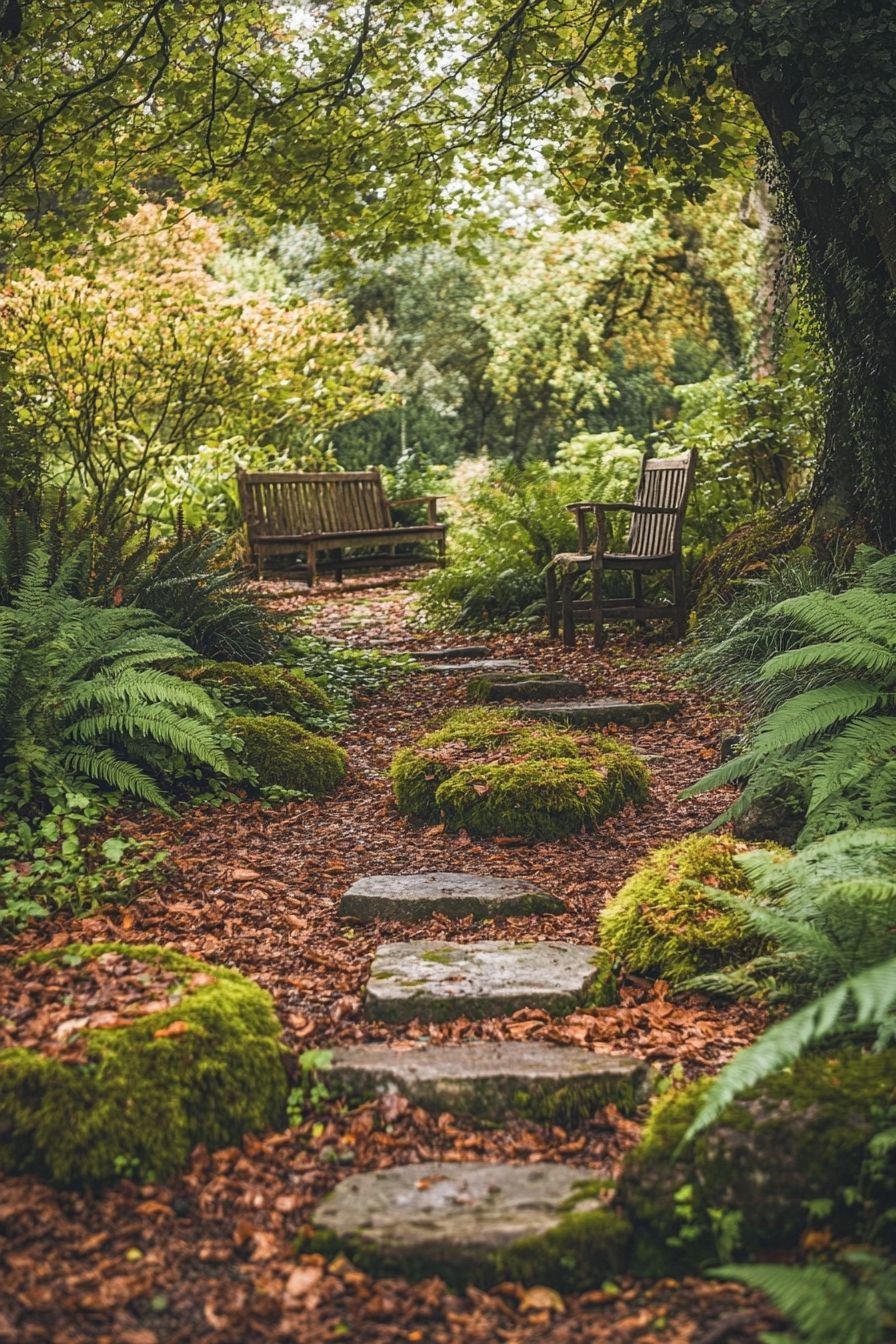 mossy stones and rustic benches