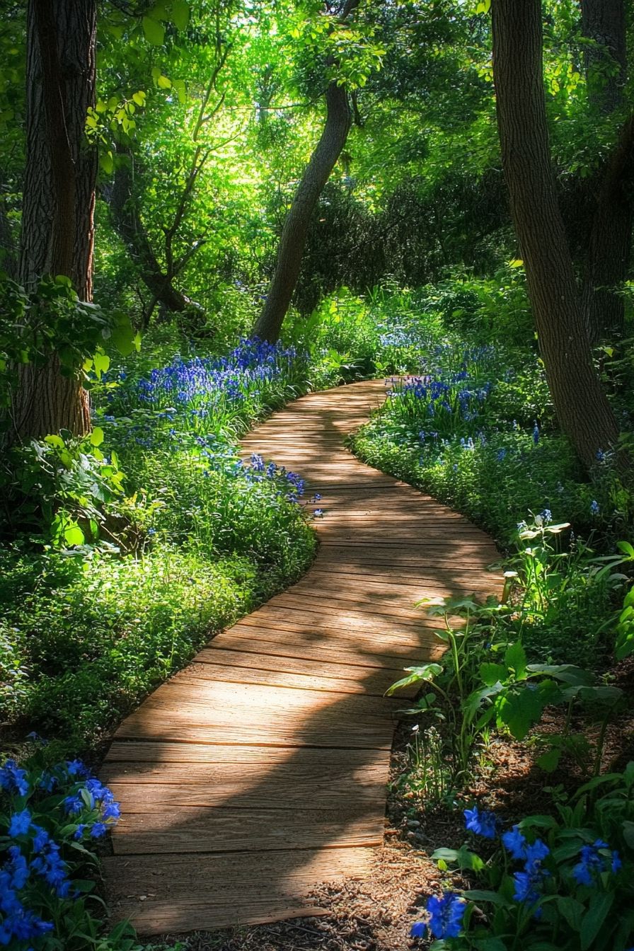 sunlit woodland garden with blooming wildflowers