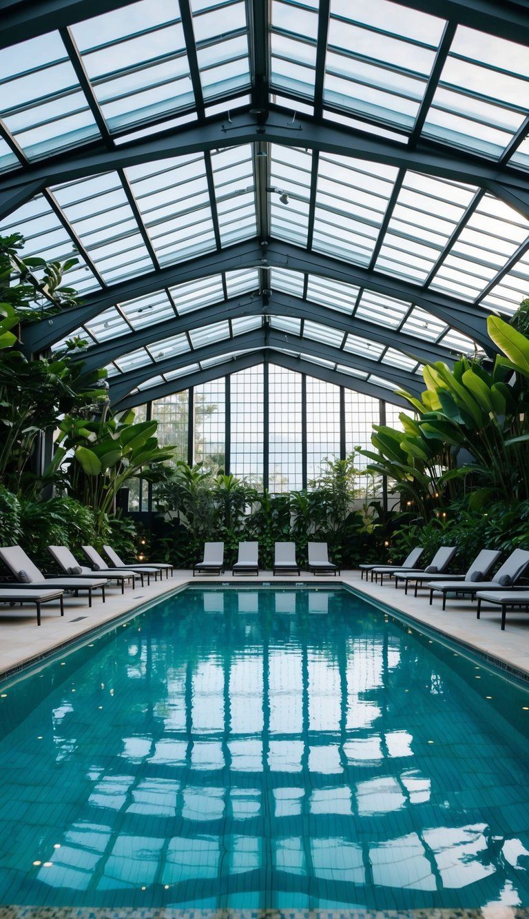 A spacious indoor pool with a glass ceiling, surrounded by lush greenery and modern lounge chairs. The water is crystal clear, reflecting the natural light from above