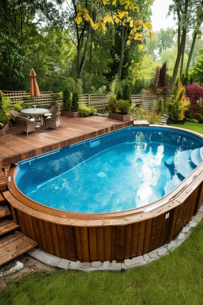 Close-up view of the multi-level deck next to an above-ground pool, showcasing detailed textures of wood and neatly organized storage compartments
