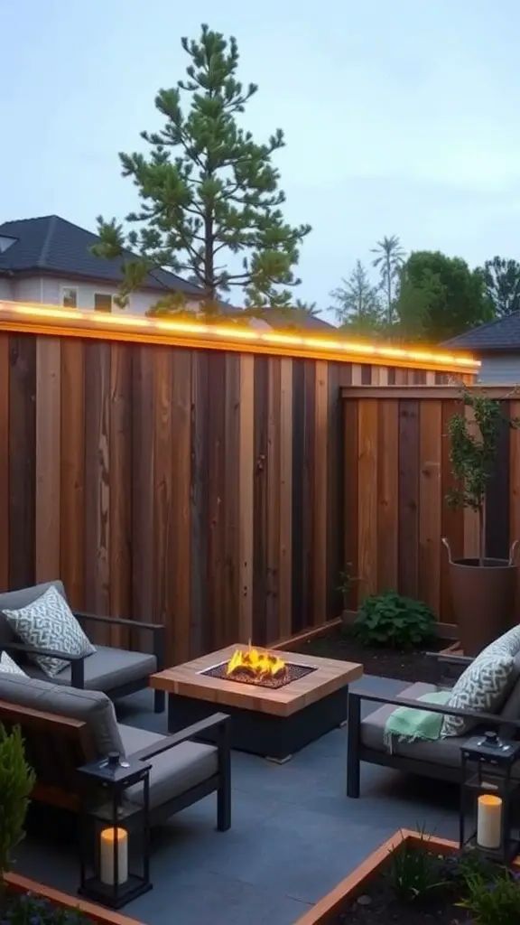 A backyard featuring a wooden fence with solar-powered LED lights, a fire pit, and seating arrangements.