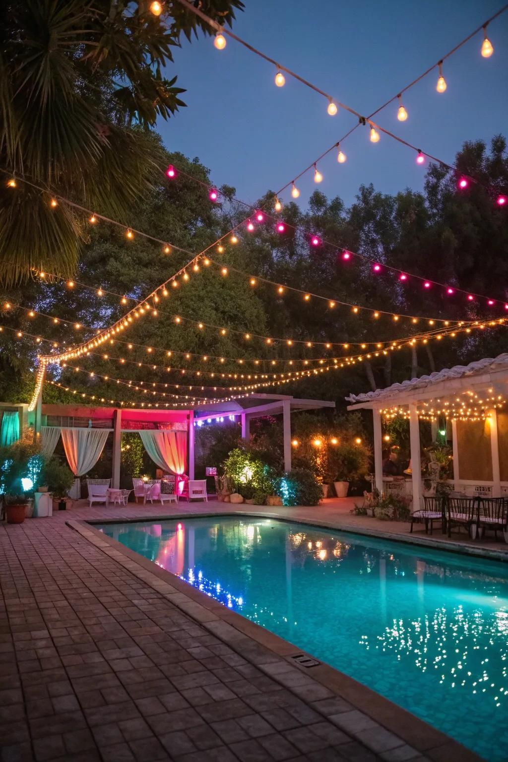 Colorful lights bring joy and festivity to the poolside.