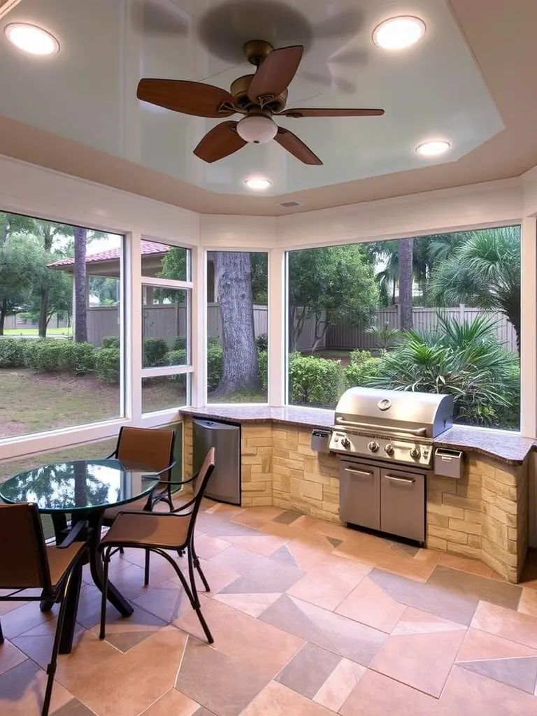 A stylish screened-in back porch featuring a barbecue station, dining area, and ample natural light.