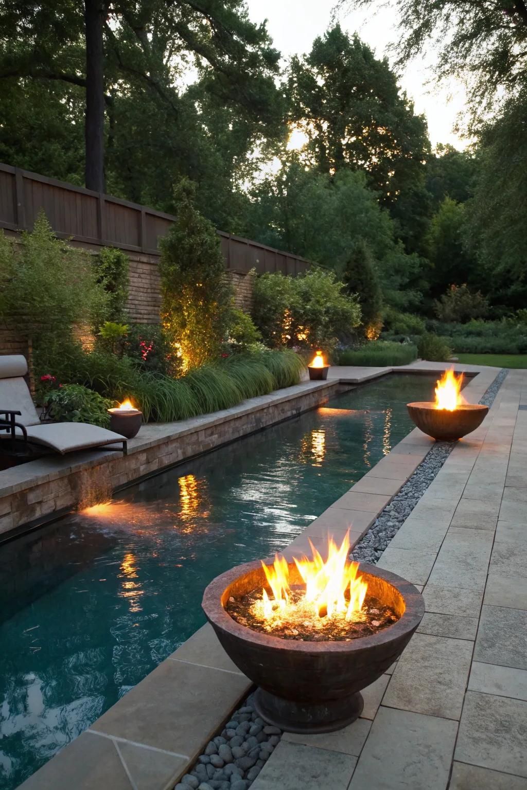 Fire bowls along the pool edge add drama and warmth.