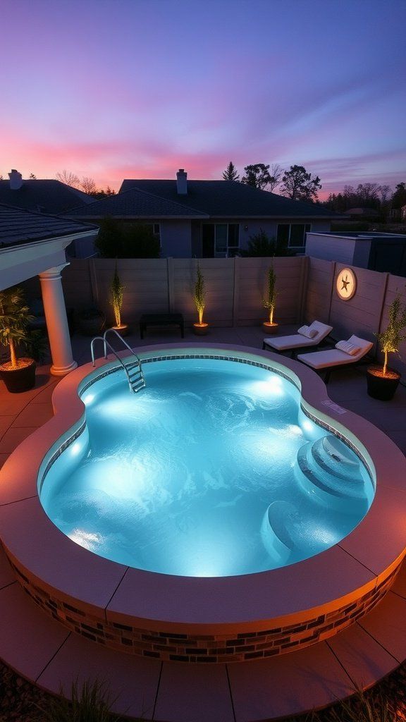 A serene above ground pool illuminated at night, resembling a spa-like retreat.