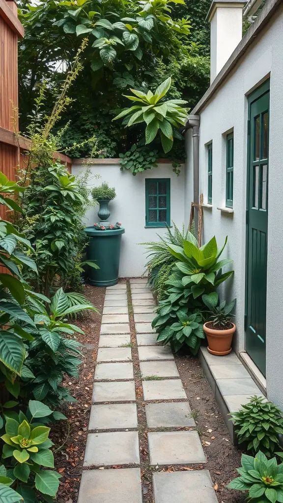 A narrow garden path surrounded by lush green plants and a small decorative pot.