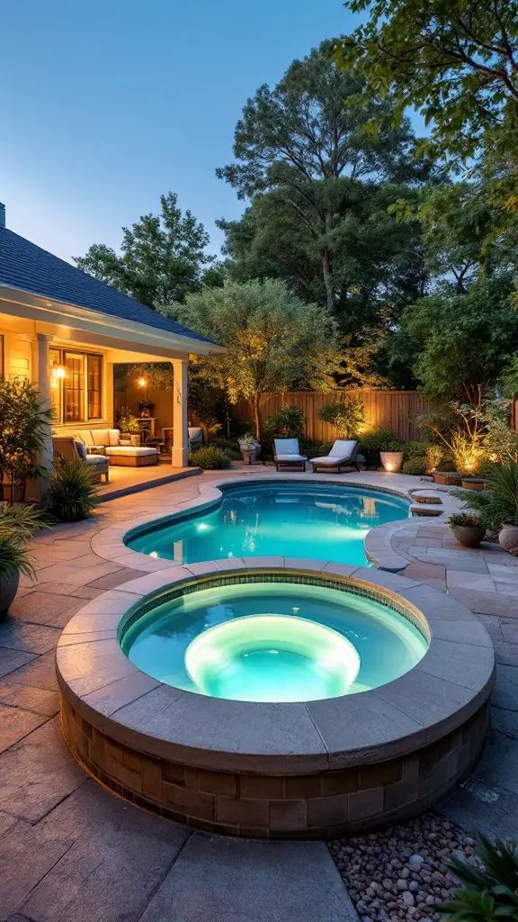 A cozy backyard featuring a small pool combined with a swim spa, illuminated by soft lights. An outdoor shower and comfortable lounge chairs complete the serene setting.