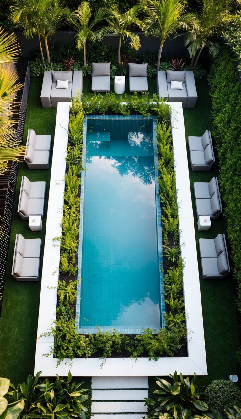 A modern geometric pool surrounded by lush landscaping and sleek furniture, creating a tranquil backyard oasis