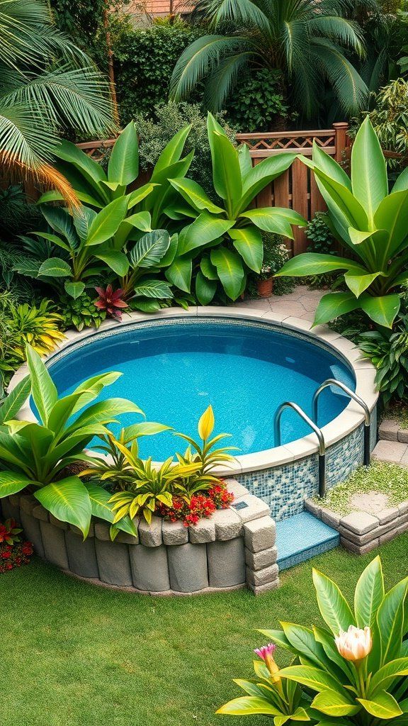 An above ground pool surrounded by lush tropical plants and flowers, creating a natural oasis.