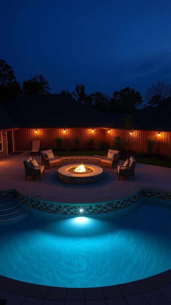 A beautifully designed poolside fire pit lounge at night, featuring a warm fire pit surrounded by comfortable seating and a lit above ground pool.
