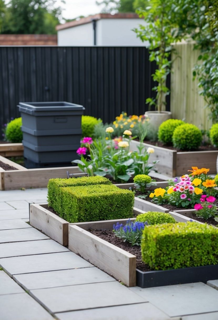 A small garden with neatly trimmed hedges, colorful flowers in raised beds, a DIY compost bin, and a simple water feature surrounded by low-cost paving stones