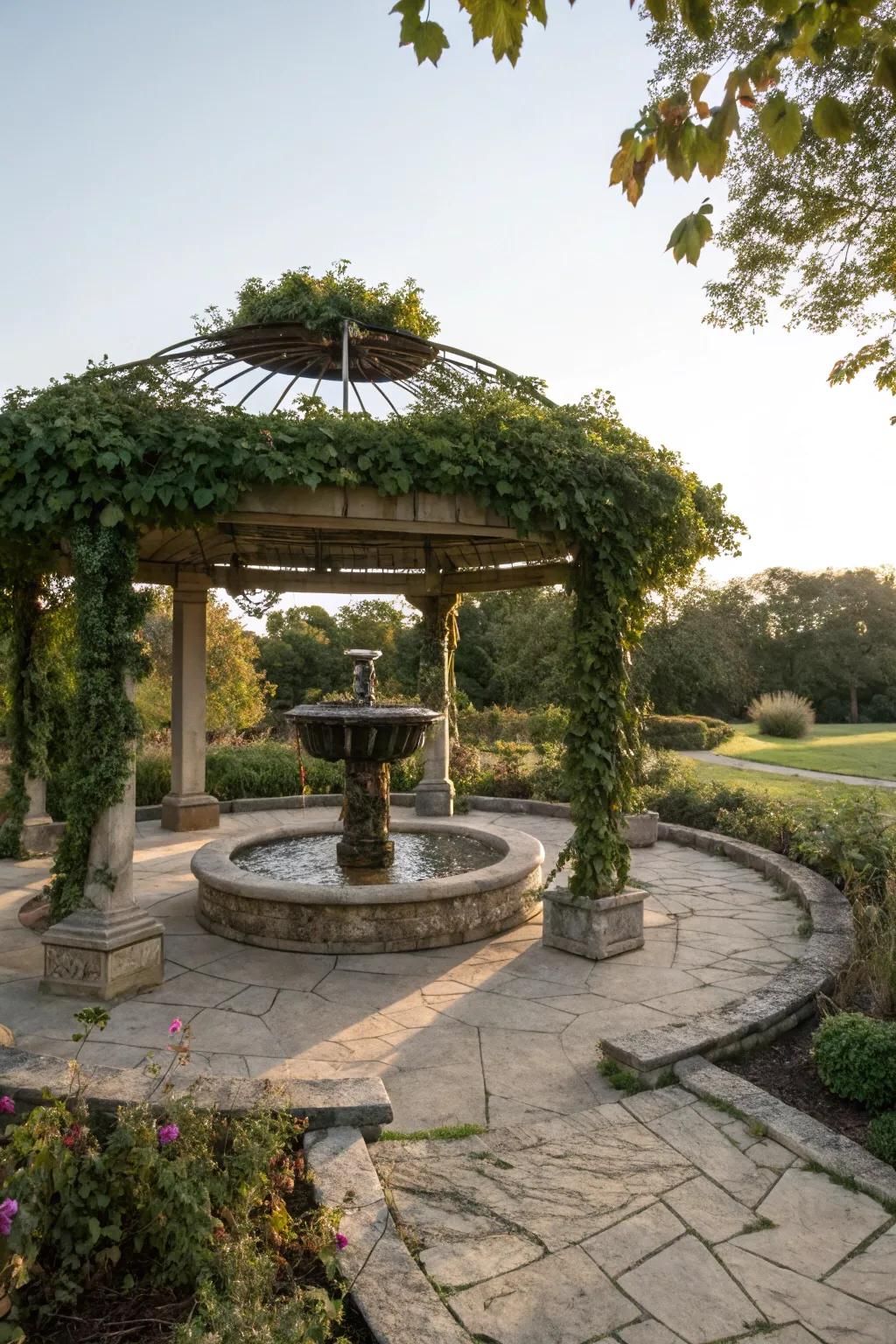 A water feature pergola offers a soothing and tranquil atmosphere.