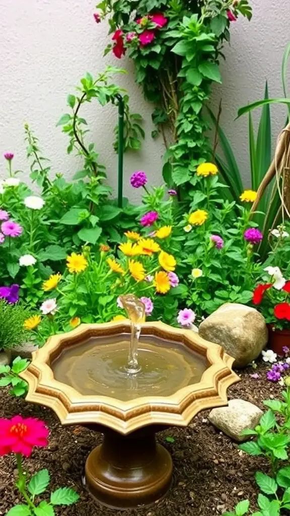 A small water fountain surrounded by vibrant flowers in a garden.