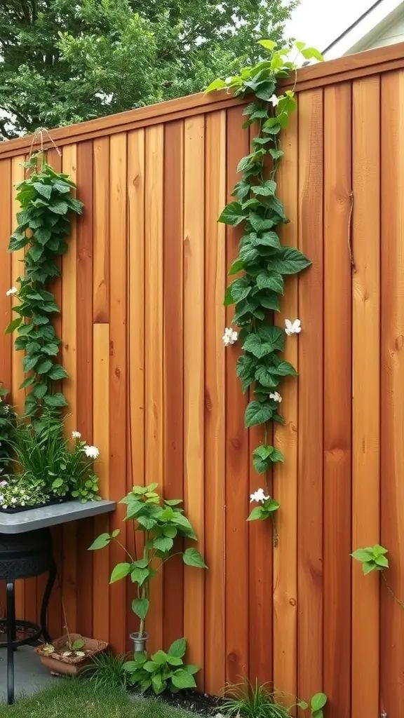 A classic wooden privacy fence adorned with climbing plants and flowers.