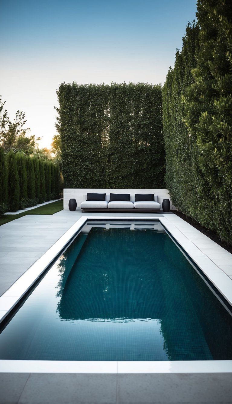 A sleek, geometric pool surrounded by clean lines of greenery and stone in a spacious, modern backyard