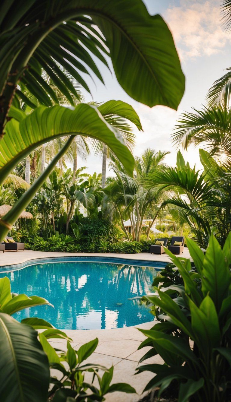 Lush tropical plants surround a luxurious pool, creating a serene resort atmosphere